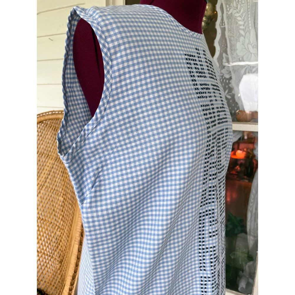 Vintage 1960s Blue White Gingham Checked Embroidered Cotton House Dress L/M - Picture 3 of 16